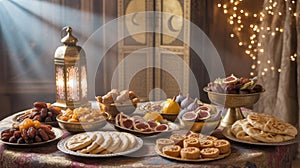 Ramadan iftar table setting with dates sweets and lanterns