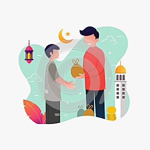 Man giving sadaqa to poor people flat vector cartoon illustration