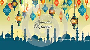 Ramadan kabir greeting card with lanterns