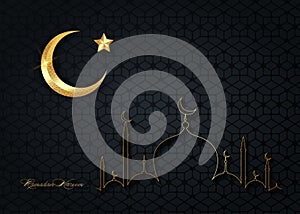Ramadan Kareem 2021 banner black night Sky background vector design illustration. Gold Muslim Mosque skyline, golden half moon