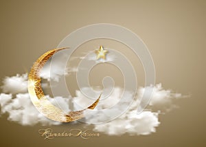 Ramadan Kareem 2021 banner,  sky with white clouds background vector design illustration. Gold crescent moon and shiny golden star