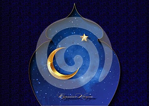 Ramadan Kareem 2023 vector greeting card. Gold half moon on starry blue background. holiday poster, islamic window symbol