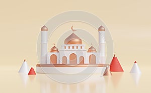 Ramadan Kareem 3d illustration with copy space.Traditional religious symbol crescent, hanging lanterns, gold confetti. Ramadan