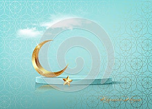 Ramadan Kareem 3D vector of classic teal Muslim Islamic festival theme product display background with gold crescent moon, golden