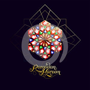 Ramadan Kareem. Abstract girih flower encrusted with color crystals. Vector illustration. Islamic jewelry ornament