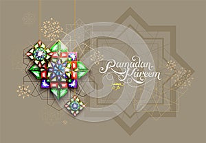 Ramadan Kareem. Abstract girih flower encrusted with color crystals. Vector illustration. Islamic jewelry ornament