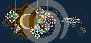 Ramadan Kareem. Abstract girih flower encrusted with color crystals. Vector illustration. Islamic jewelry ornament photo