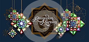 Ramadan Kareem. Abstract girih flower encrusted with color crystals. Vector illustration. Islamic jewelry ornament