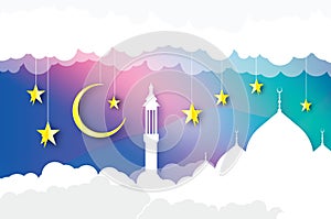 Ramadan Kareem. Arabic white Mosque. Sky with clouds, gold stars in paper cut style. Crescent Moon. Origami Greeting