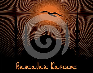 Ramadan Kareem. The architectural complex is painted in the style of a blue mosque. Rays of sunset. illustration