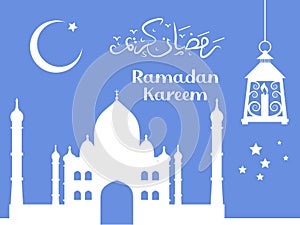 Ramadan kareem background banner with mosque, lamp and arabic caligraphy wich means ramadan kareem