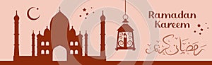 Ramadan kareem background banner with mosque, lamp and arabic caligraphy wich means ramadan kareem