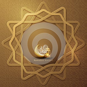 Ramadan kareem background with a combination of shining gold lanterns, geometric pattern, crescent moon and arabic calligraphy.