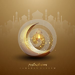 Ramadan kareem background with a combination of shining hanging gold lanterns, arabic calligraphy, mosque and golden crescent moon