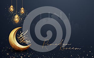 Ramadan kareem background with a combination of shining hanging gold lanterns, arabic calligraphy, mosque and golden crescent moon