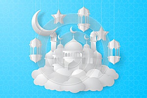 Ramadan kareem background with crescent moon, arabic lantern, mosque, cloud and star. Paper cut style.