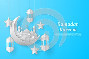 Ramadan kareem background with crescent moon, arabic lantern, mosque, and star. Paper cut style.