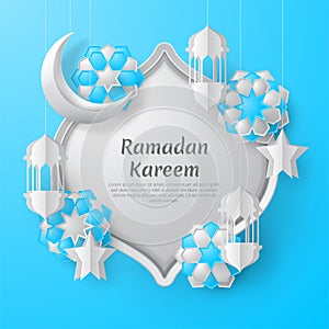 Ramadan kareem background with crescent moon, arabic lantern and star. Paper cut style.