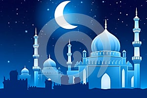 Ramadan Kareem background.Crescent moon at a top of a mosque. Neural network AI generated
