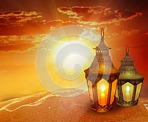 Ramadan Kareem background.Eid Mubarak, greeting background  with  Ñolorful  lanterns