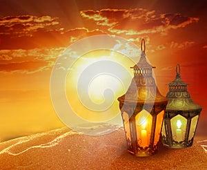 Ramadan Kareem background.Eid Mubarak, greeting background  with  ÃÂolorful  lanterns