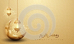 Ramadan kareem background with glowing hanging lantern and crescent moon. Greeting card background with 3D style photo