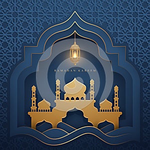 Ramadan kareem background with glowing hanging lantern and mosque. Luxury Greeting card background with 3D paper cut style