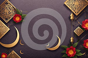 Ramadan Kareem background with gold crescent moon and flowers. Eid al fitr or Id al-Fitr banner card