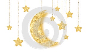 Ramadan Kareem background with gold handing shiny glitter glowing moon with stars on white background. Vector illustration