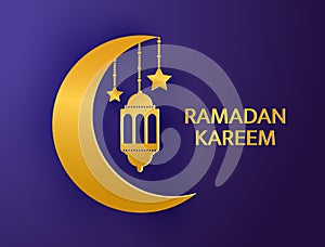 Ramadan Kareem background. Golden lantern, moon, crescent, stars papercut design elements. Eid Mubarak celebration card