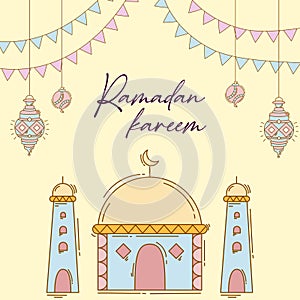 Ramadan kareem background with hand drawn doodle of islamic ornament, mosque, lantern, and garlands. Greeting card for islamic hol