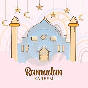 Ramadan kareem background with hand drawn doodle of islamic ornament, mosque, lantern, and garlands. Greeting card for islamic hol