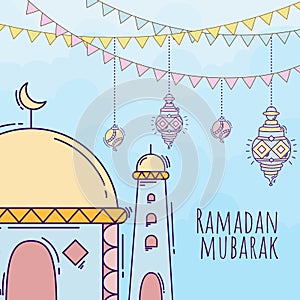 Ramadan kareem background with hand drawn doodle of islamic ornament, mosque, lantern, and garlands. Greeting card for islamic hol