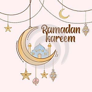 Ramadan kareem background with hand drawn doodle of islamic ornament, mosque, lantern, and garlands. Greeting card for islamic hol