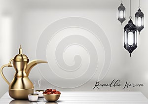 Ramadan Kareem background. Iftar party celebration with traditional arabic dishes and islamic lantern