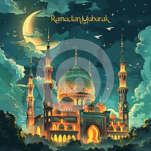 Ramadan kareem background, illustration with mosque and crescent moon. Ramadan, ramazan, kareem