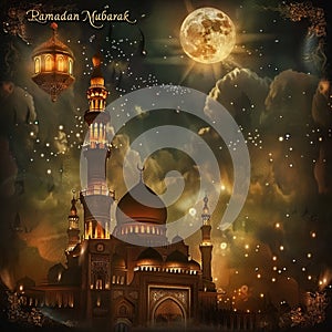 Ramadan kareem background, illustration with mosque and crescent moon. Ramadan, ramazan, kareem