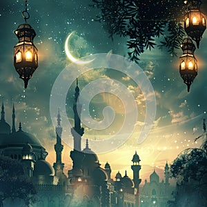 Ramadan kareem background, illustration with mosque and crescent moon. Ramadan, ramazan, kareem
