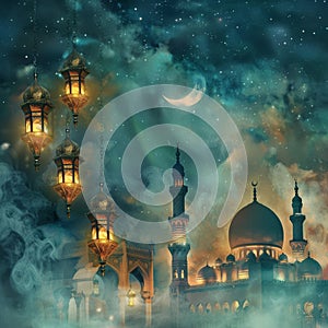 Ramadan kareem background, illustration with mosque and crescent moon. Ramadan, ramazan, kareem