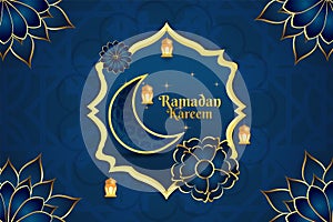 Ramadan Kareem background Islamic style blue and gold color with flower ornament