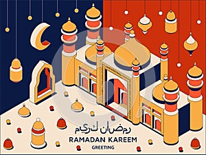 Ramadan Kareem background isometric. Islamic Arabic mosque, lanterns. Greeting card. Translation Ramadan Kareem, Koran