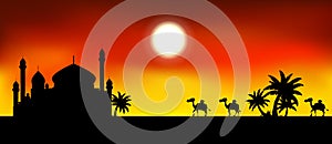 Ramadan kareem background with mosque and camel trip silhouette