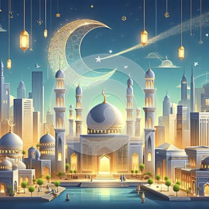 Ramadan Kareem background with mosque, moonlight and lanterns. 3d rendering