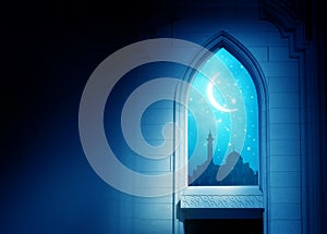 Ramadan Kareem background. .Mosque window with shiny crescent mo