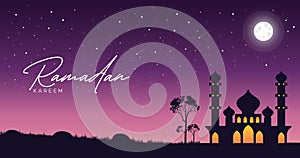 Ramadan Kareem background night sky. Mosque and moon.