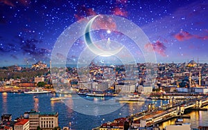 Ramadan Kareem background, night view of Istanbul from Galata to