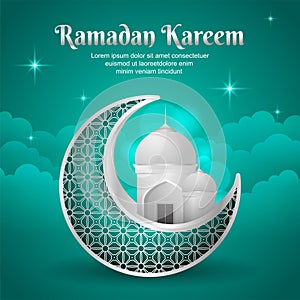 Ramadan kareem background with ornamental crescent moon in green cloudy sky background