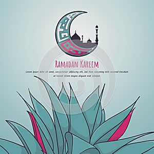 Ramadan kareem background template in green design with leaves and crescent moon with mosque design