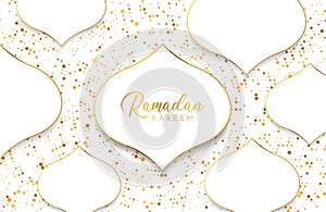 Ramadan kareem background with white gold abstract paper cut shape and glitter. Vector illustration for Islamic holy month