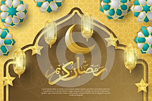 Ramadan Kareem backgroung with islamic geometric patterns, crescent moon, stars and lanterns.